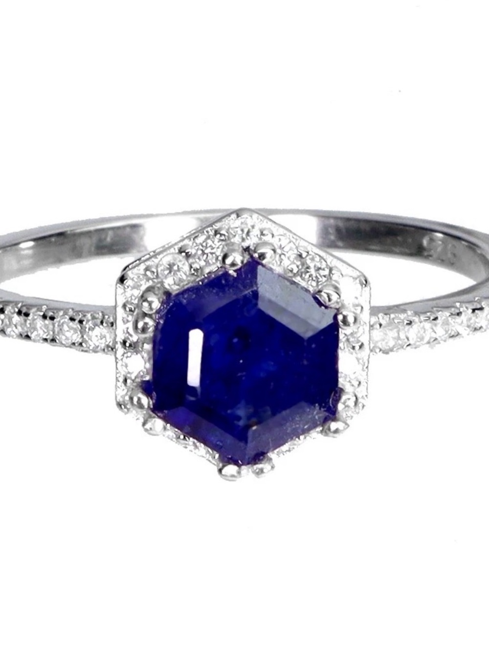 Hexagon Natural Blue Sapphire Halo Ring in Silver 925 Size 7